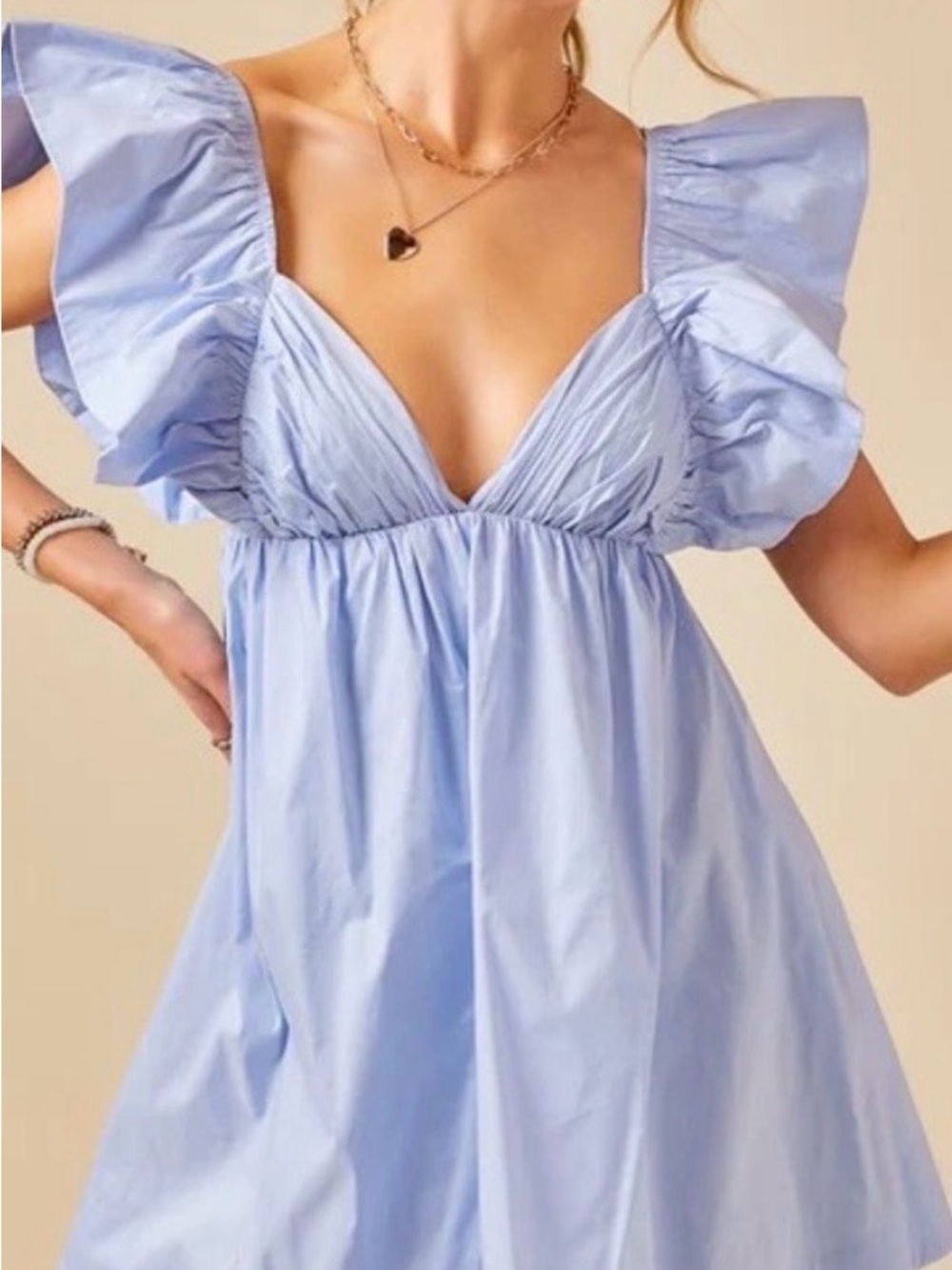 Sky Blue Ruffle-Sleeve Mini Dress with V-Neck